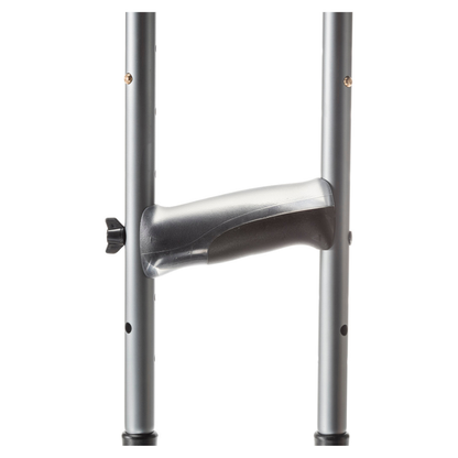 Close-up of a gray handle on the Drive Air-Crutches with Airgonomic™ Underarm Cushions, attached between two metal poles with an adjustment knob. These ergonomic mobility crutches provide enhanced comfort and support. White background.