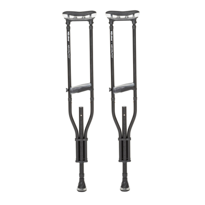 A pair of Drive Air-Crutches with Airgonomic™ Underarm Cushions in black, featuring padded underarm cushions and hand grips, stand upright side by side against a white background.