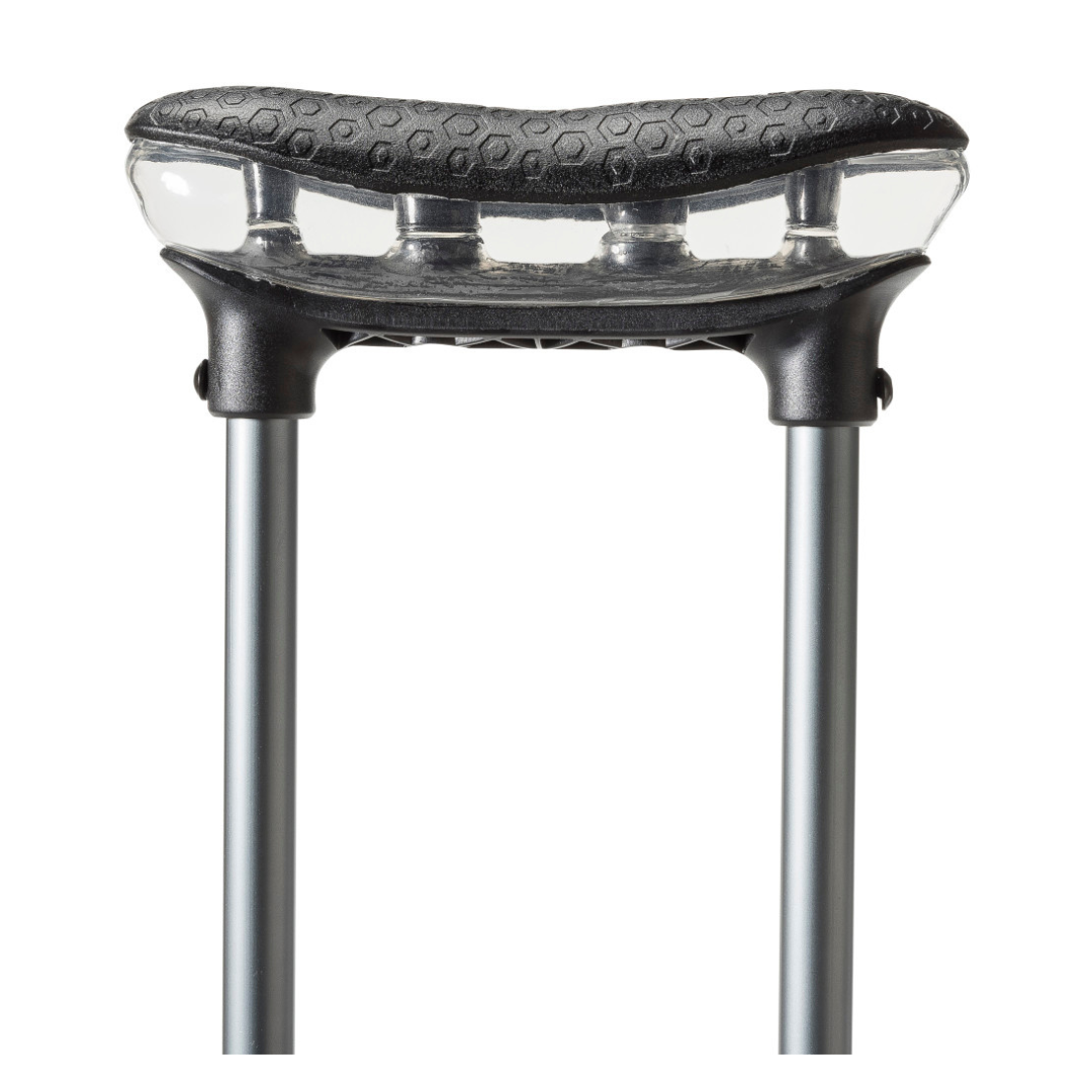 Close-up of Drive Air-Crutches with Airgonomic™ Underarm Cushions, featuring a padded, textured handle and two metal support rods extending downward.