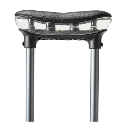 Close-up of Drive Air-Crutches with Airgonomic™ Underarm Cushions, featuring a padded, textured handle and two metal support rods extending downward.