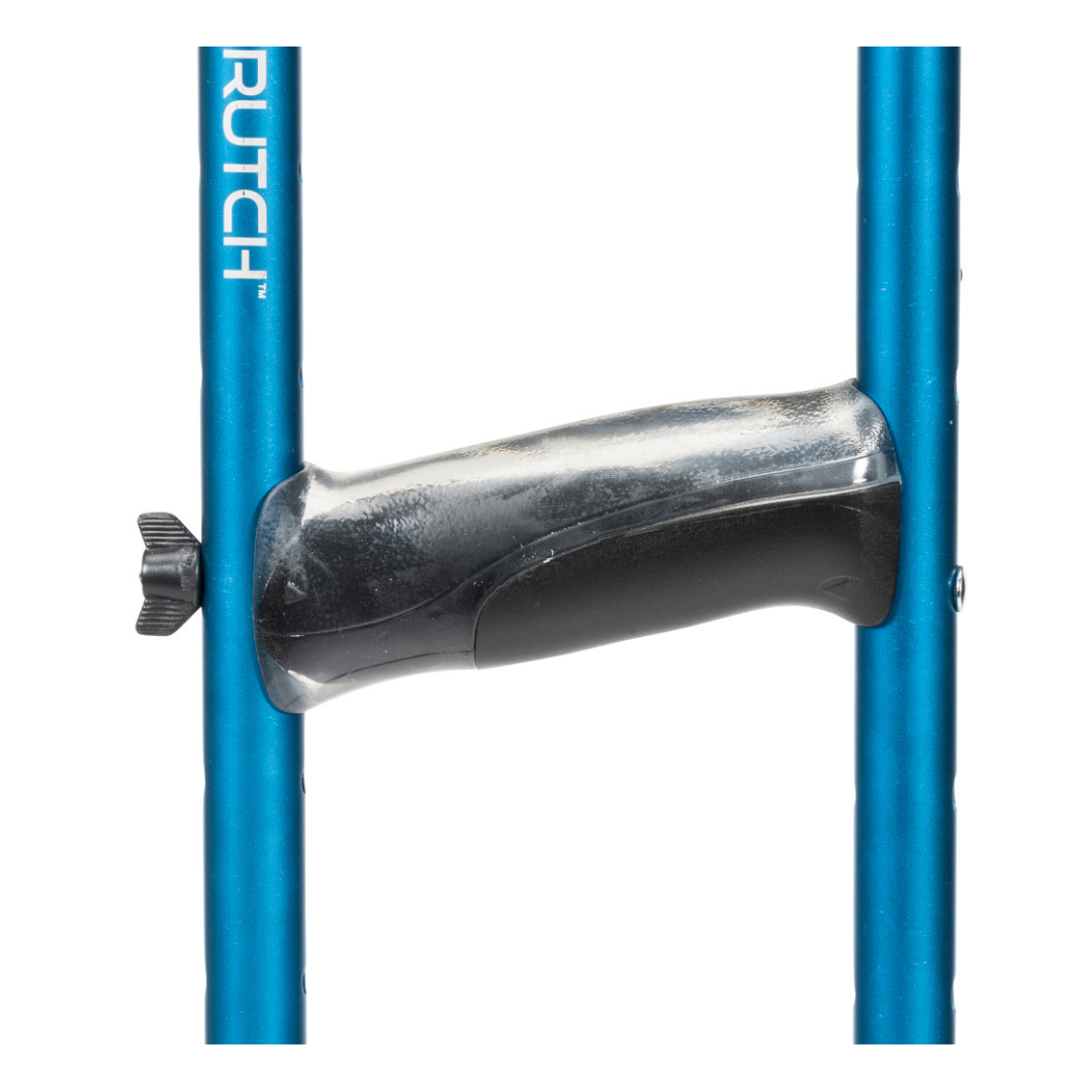 Close-up of a blue frame with black and silver handle from Drive Air-Crutches with Airgonomic™ Underarm Cushions; "RUTCH" is partially visible on the side, and a black knob highlights the ergonomic, adjustable design.