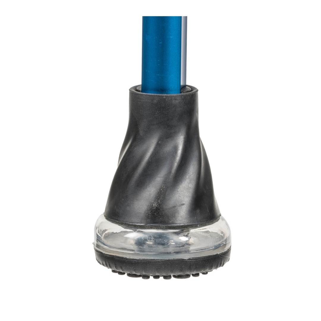 Close-up of the rubber tip on Drive Air-Crutches with Airgonomic™ Underarm Cushions—blue cane tip with transparent base and textured black bottom for grip, ideal for ergonomic mobility or adjustable crutches, shown on white background.