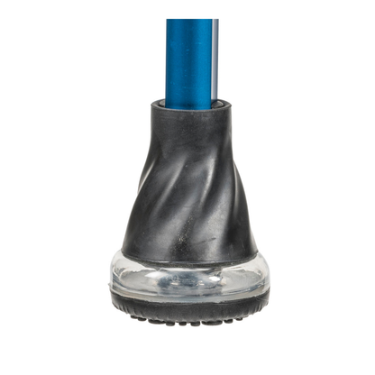 Close-up of the rubber tip on Drive Air-Crutches with Airgonomic™ Underarm Cushions—blue cane tip with transparent base and textured black bottom for grip, ideal for ergonomic mobility or adjustable crutches, shown on white background.