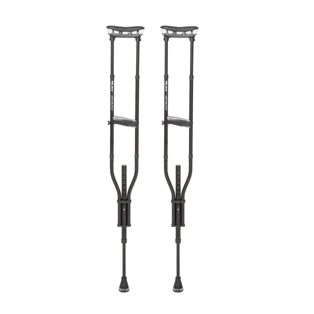 A pair of Drive Air-Crutches with Airgonomic™ Underarm Cushions, featuring padded hand grips and a black ergonomic design, stand upright against a white background.