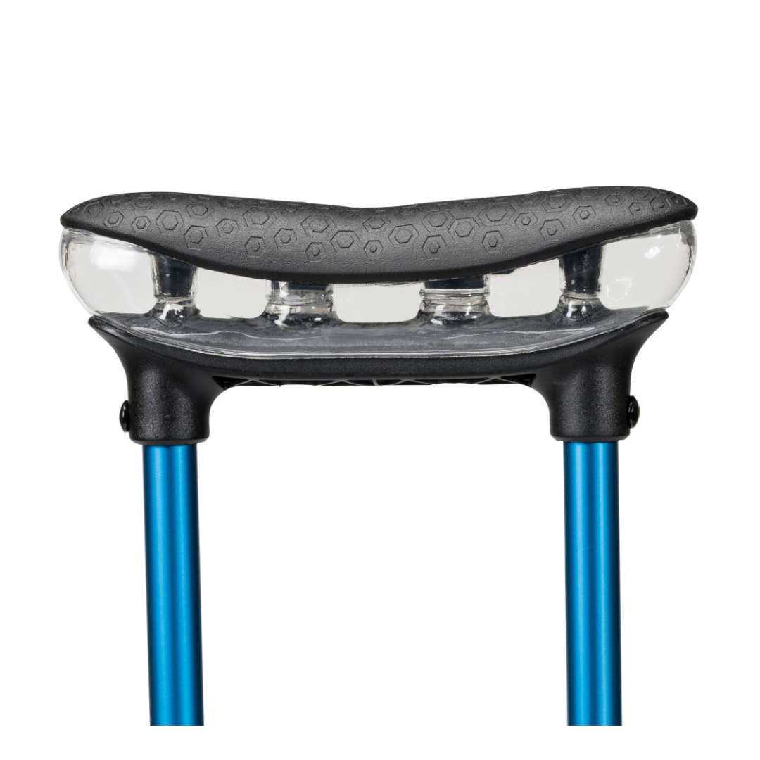 Close-up of the Airgonomic™ underarm cushion on the Drive Air-Crutches featuring a transparent top and blue metal frame, shown against a white background.