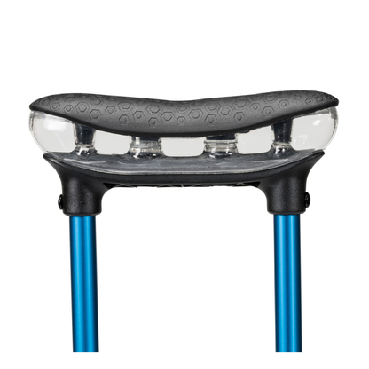 Close-up of the Airgonomic™ underarm cushion on the Drive Air-Crutches featuring a transparent top and blue metal frame, shown against a white background.