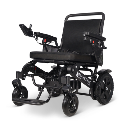The ComfyGo Majestic 440 HD PLUS Bariatric Portable Powerchair is a black, heavy-duty, travel-approved electric wheelchair with large rear wheels, mesh seat and backrest, padded armrests, footrest, and left-arm controls.