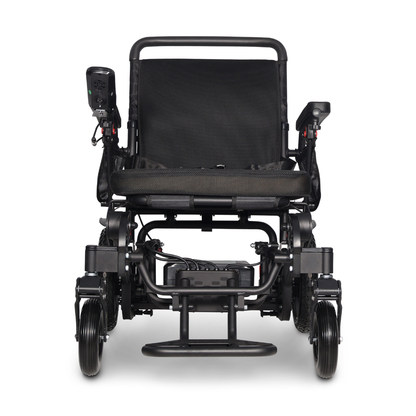 The ComfyGo Majestic 440 HD PLUS Bariatric Portable Powerchair, shown from the front, is a black, heavy-duty electric wheelchair with a right-arm joystick controller, padded seat and backrest, and sturdy wheels.