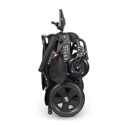 The ComfyGo Majestic 440 HD PLUS Bariatric Portable Powerchair is a lightweight, travel-approved folding powerchair with large rear wheels and smaller front wheels, designed for easy transport and storage.