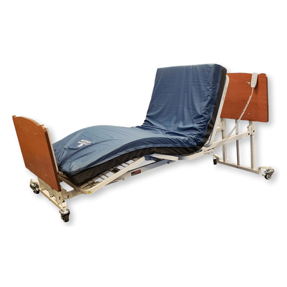 The Med-Mizer AllCare Full Electric Hi/Low Bed - Expandable Width features a blue mattress, wooden headboard and footboard, adjustable backrest, and attached control handset; shown partially elevated on a white background.