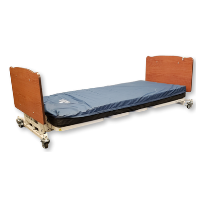 The Med-Mizer AllCare Full Electric Hi/Low Bed - Expandable Width is shown with a blue mattress, wooden headboard and footboard, and wheels on each leg, against a white background.