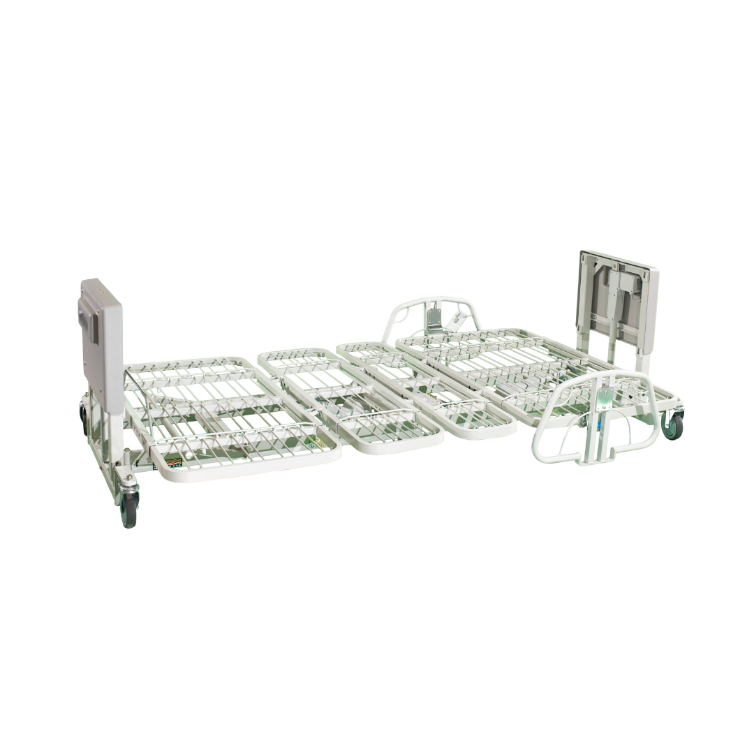 The Med-Mizer EX8000 ComfortWide Bariatric Width Adjusting Electric Bed frame, shown fully lowered without a mattress and equipped with wheels and adjustable sections, is displayed against a white background.