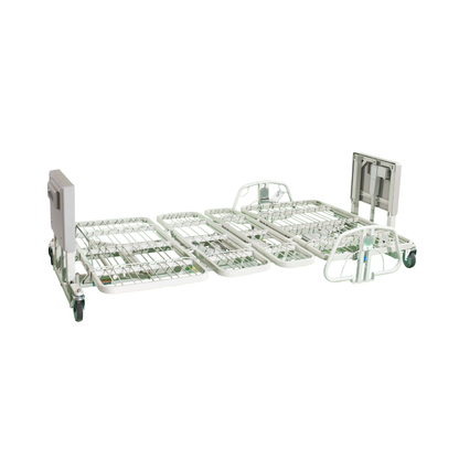 The Med-Mizer EX8000 ComfortWide Bariatric Width Adjusting Electric Bed frame, shown fully lowered without a mattress and equipped with wheels and adjustable sections, is displayed against a white background.