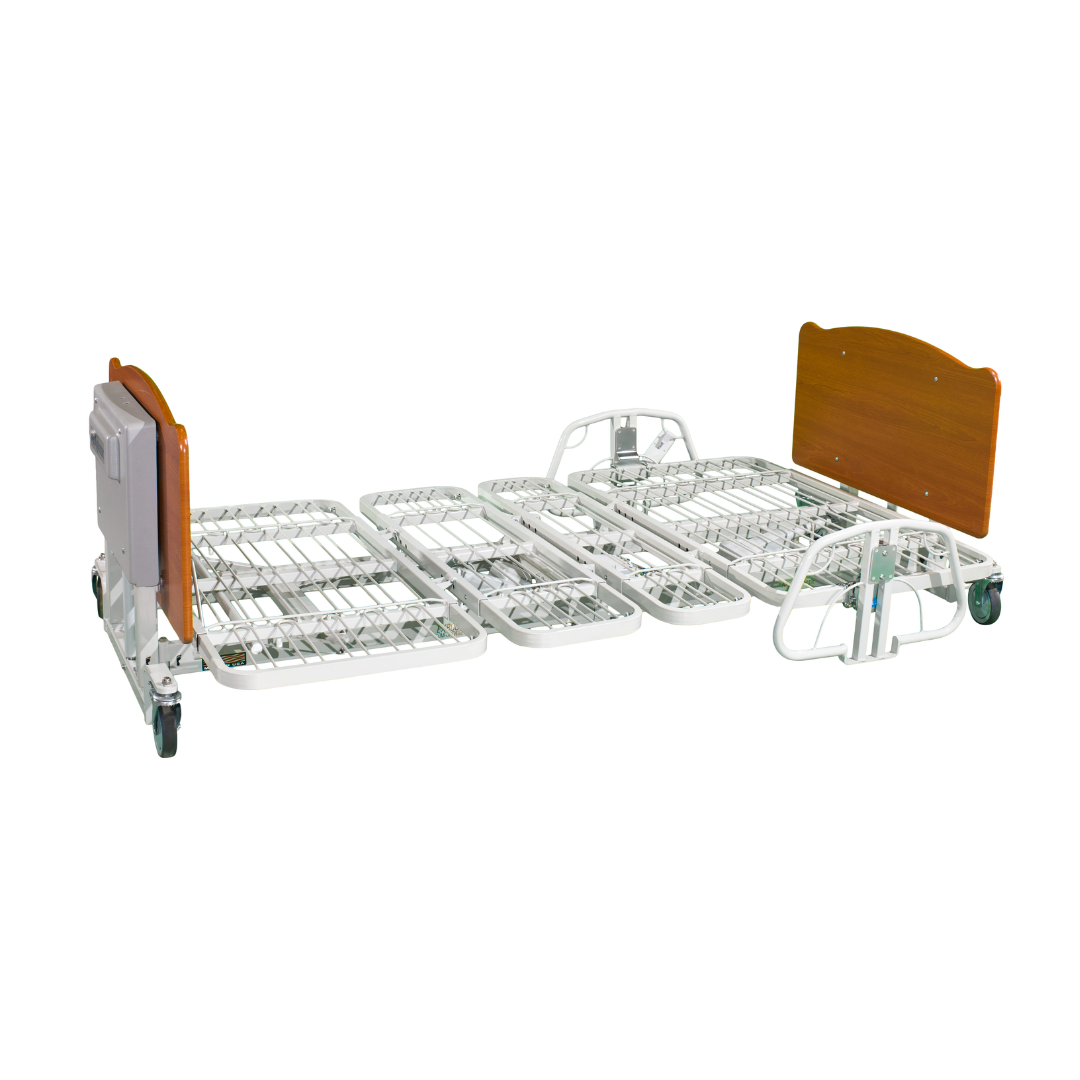 The Med-Mizer EX8000 ComfortWide Bariatric Width Adjusting Electric Bed features a metal spring frame, wooden head and footboards, wheels, and is shown in a lowered, flat position on a white background.