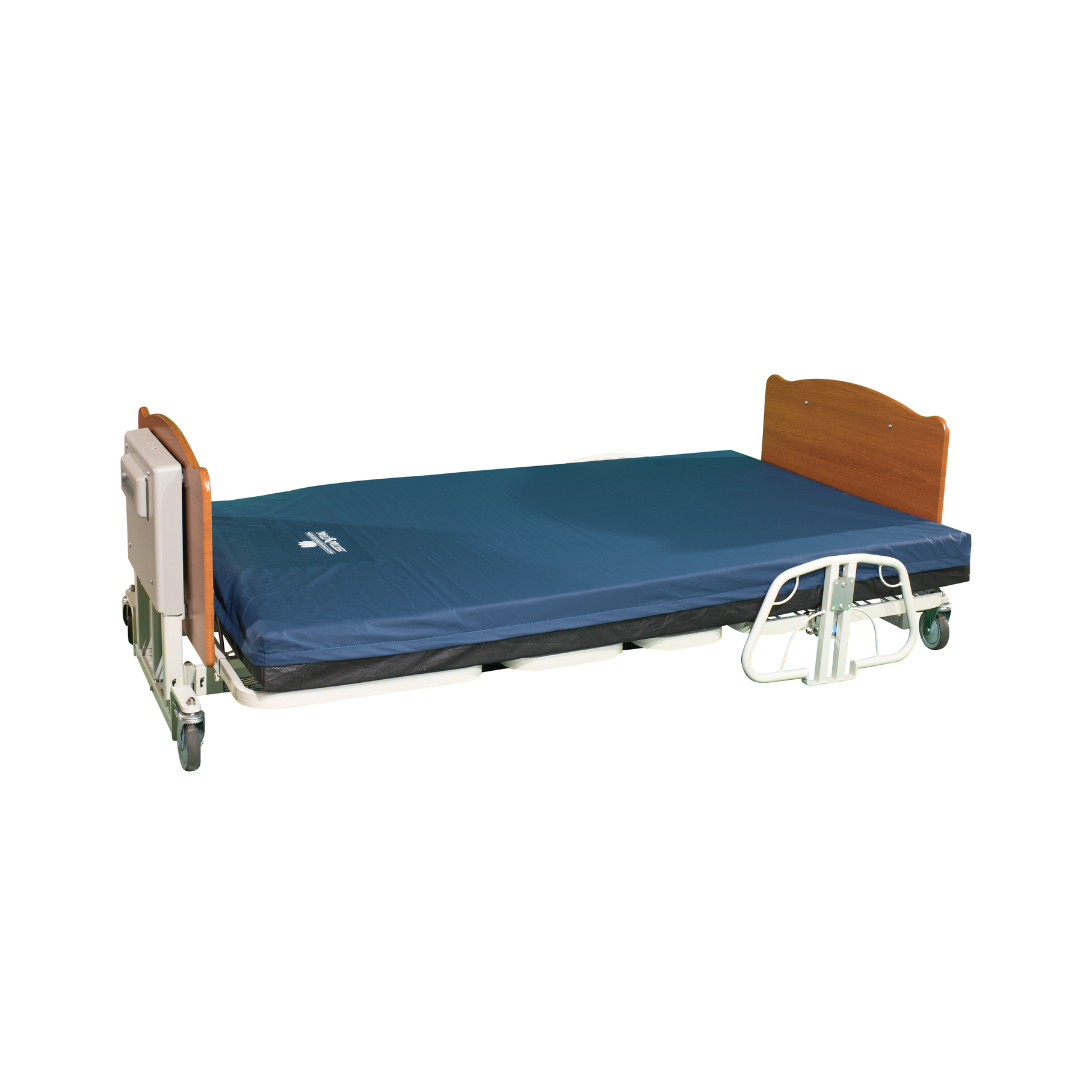 The Med-Mizer EX8000 ComfortWide Bariatric Width Adjusting Electric Bed features a blue mattress, wooden headboard and footboard, side rails, wheels, and adjustable width, shown isolated on a white background.