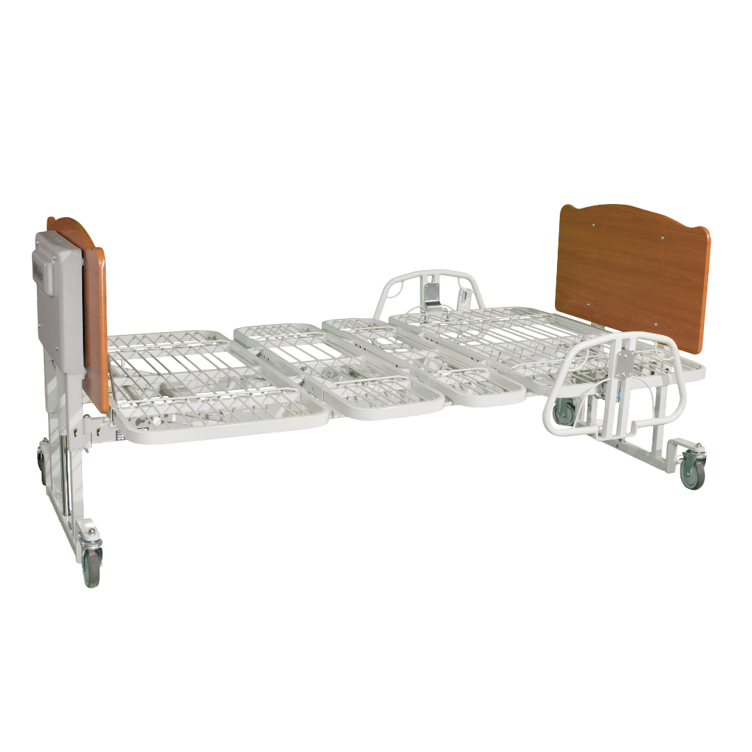 The Med-Mizer EX8000 ComfortWide Bariatric Width Adjusting Electric Bed features caster wheels, adjustable sections, and wood head/footboards. Mattress not included. Designed for patient care and medical use.