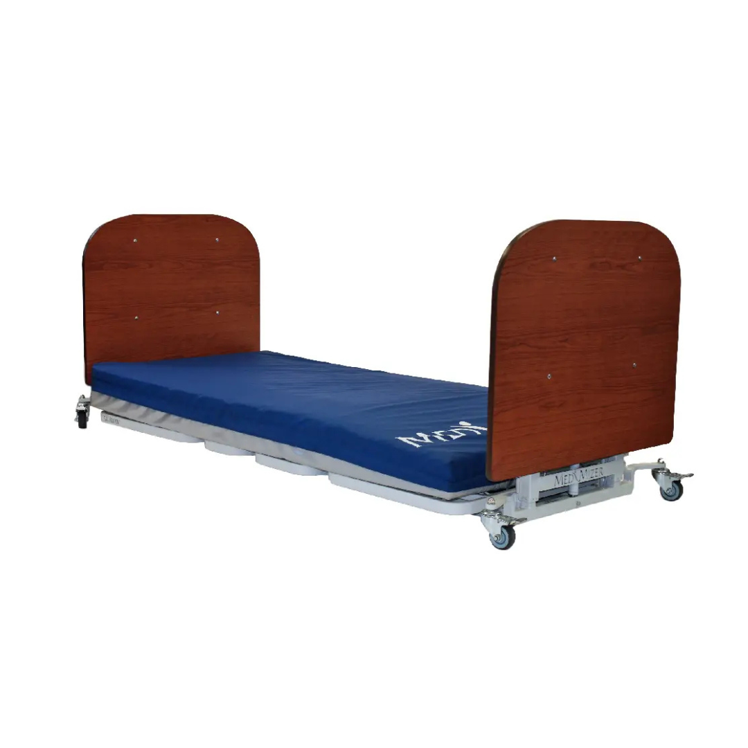 A Med-Mizer AllCare Full Electric Hi/Low Bed - Expandable Width with wooden headboard and footboard, blue mattress, and corner wheels is displayed against a plain white background.