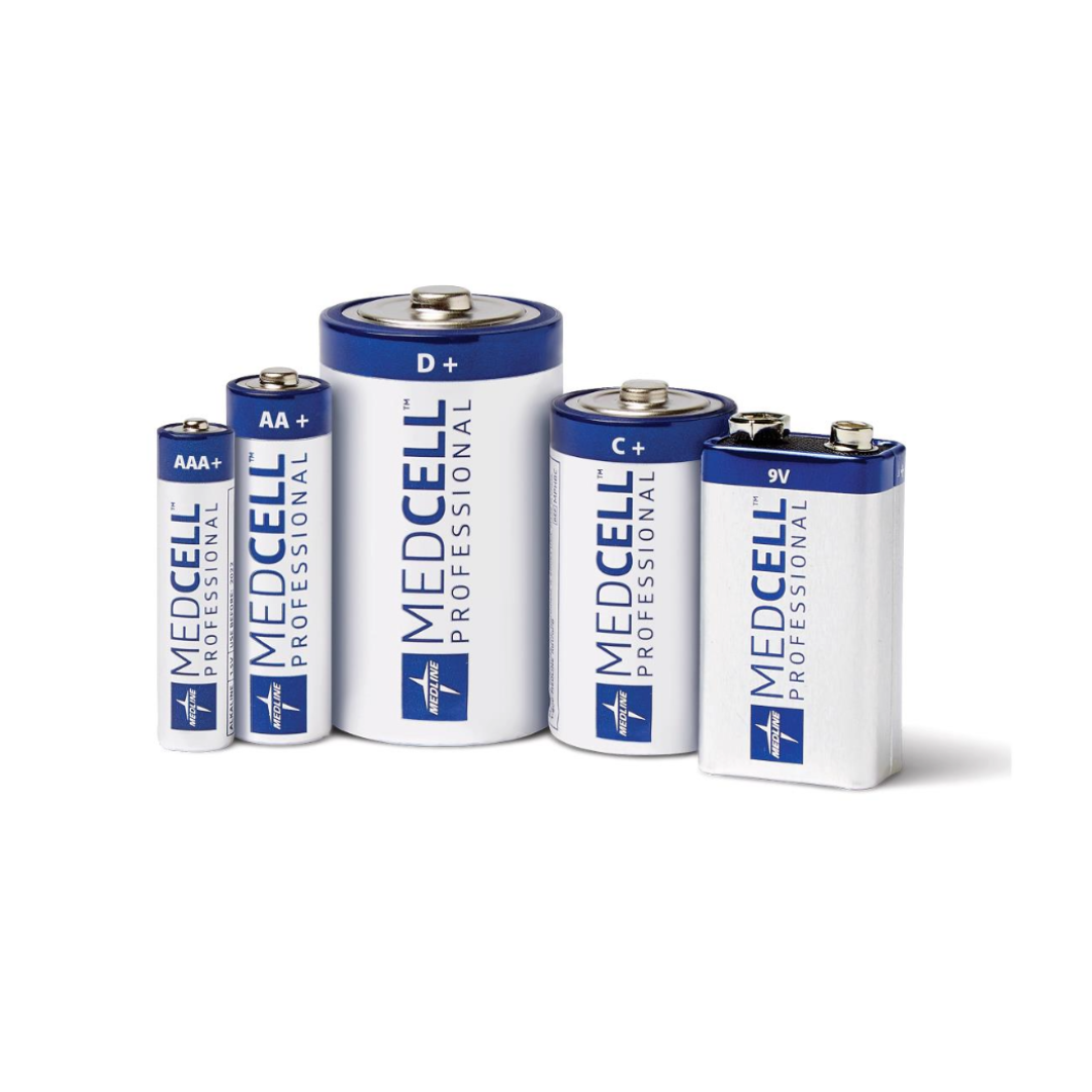 Five MedCell Professional Batteries—AAA, AA, D, C, and 9V—stand upright in a row on a white background. Their blue and white design emphasizes reliable power for essential devices. Each is labeled "MedCell Professional Batteries.
