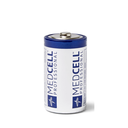 A single MedCell Professional Batteries cell with a blue and white label stands upright on a plain white background, highlighting its reliable power for essential devices.