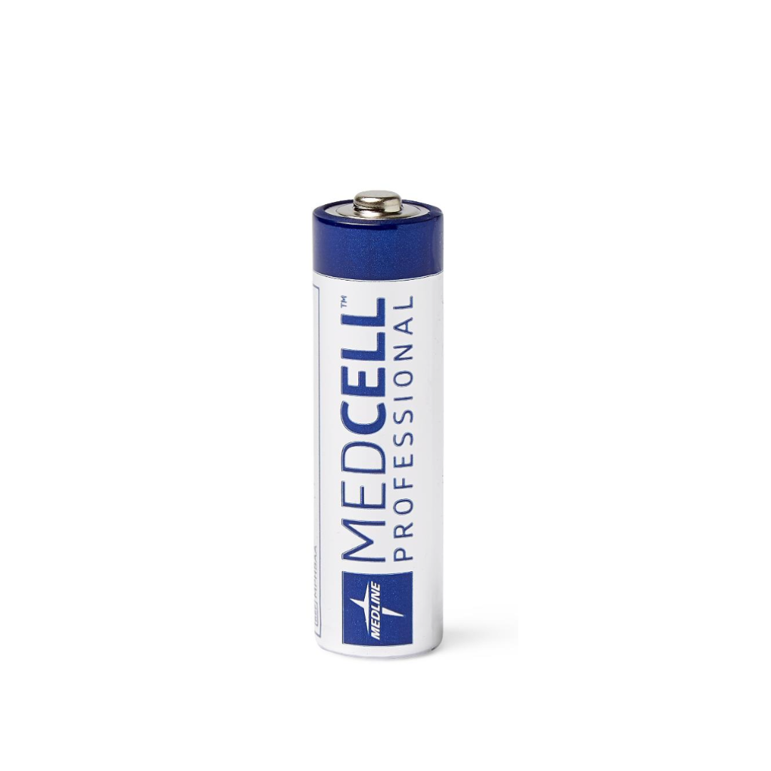A MedCell Professional Battery stands upright on a white background, featuring blue and gray labeling. It reliably powers essential devices.