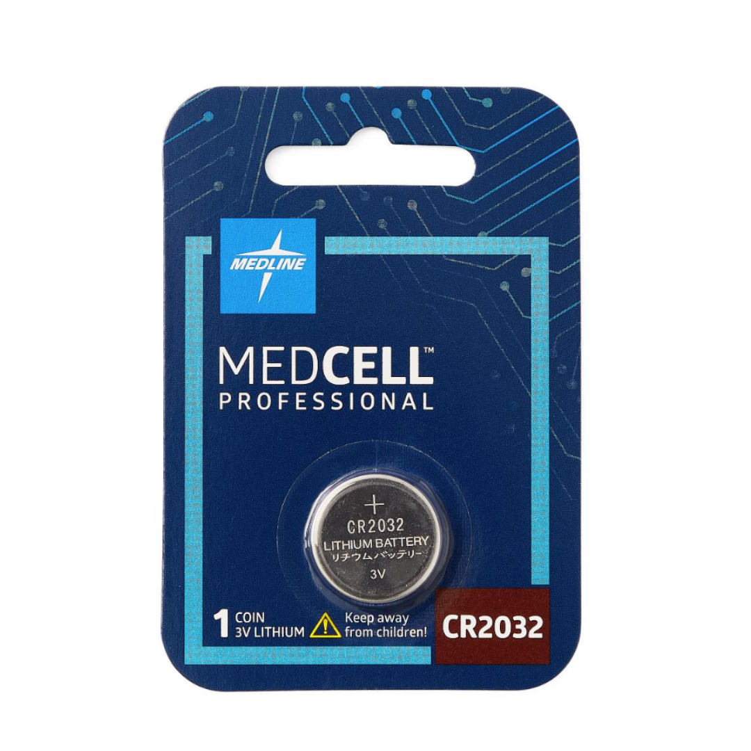 The MedCell Professional Batteries CR2032 3V lithium coin battery comes in blue packaging—ideal for essential devices. "Safety warning: Keep away from children!" is printed on the front.