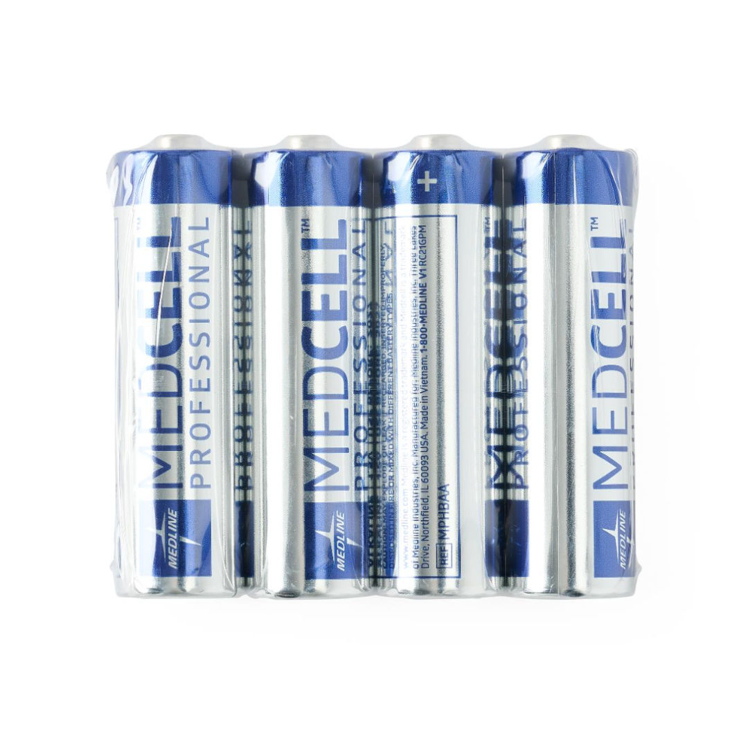 Four AA MedCell Professional Batteries, with blue and silver casings, are packed upright together in clear plastic wrapping—ideal for devices requiring dependable power.