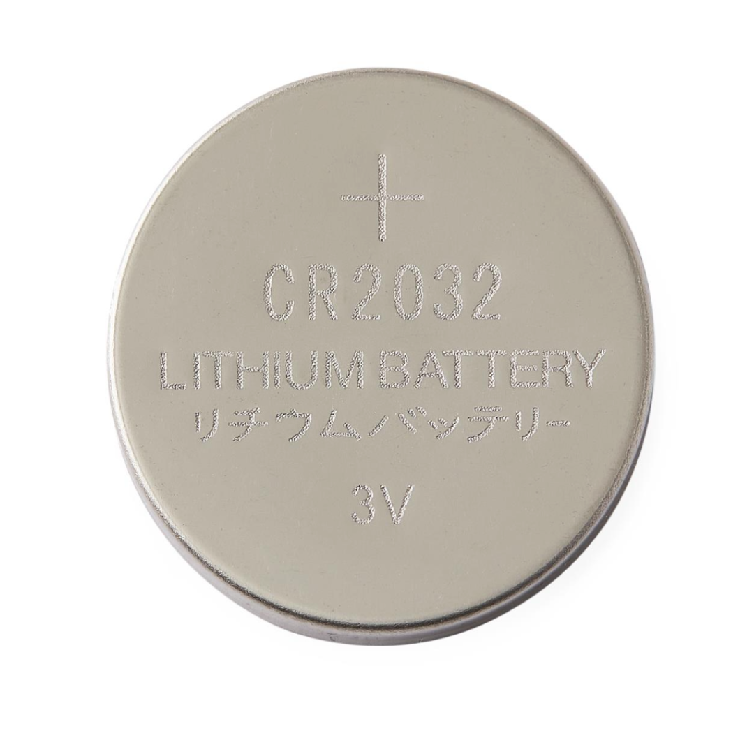 A silver coin-shaped MedCell Professional CR2032 lithium battery, labeled “CR2032 LITHIUM BATTERY 3V” with Japanese characters, reliably powers essential devices.