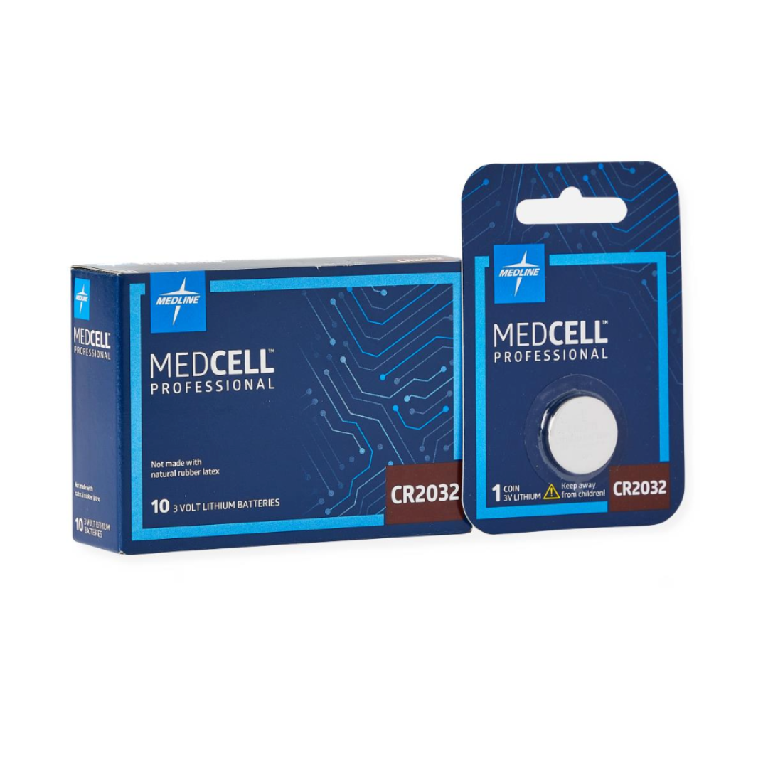 A box and a single pack of MedCell Professional Batteries, in blue circuit-themed packaging with white text—perfect for essential devices needing dependable power.