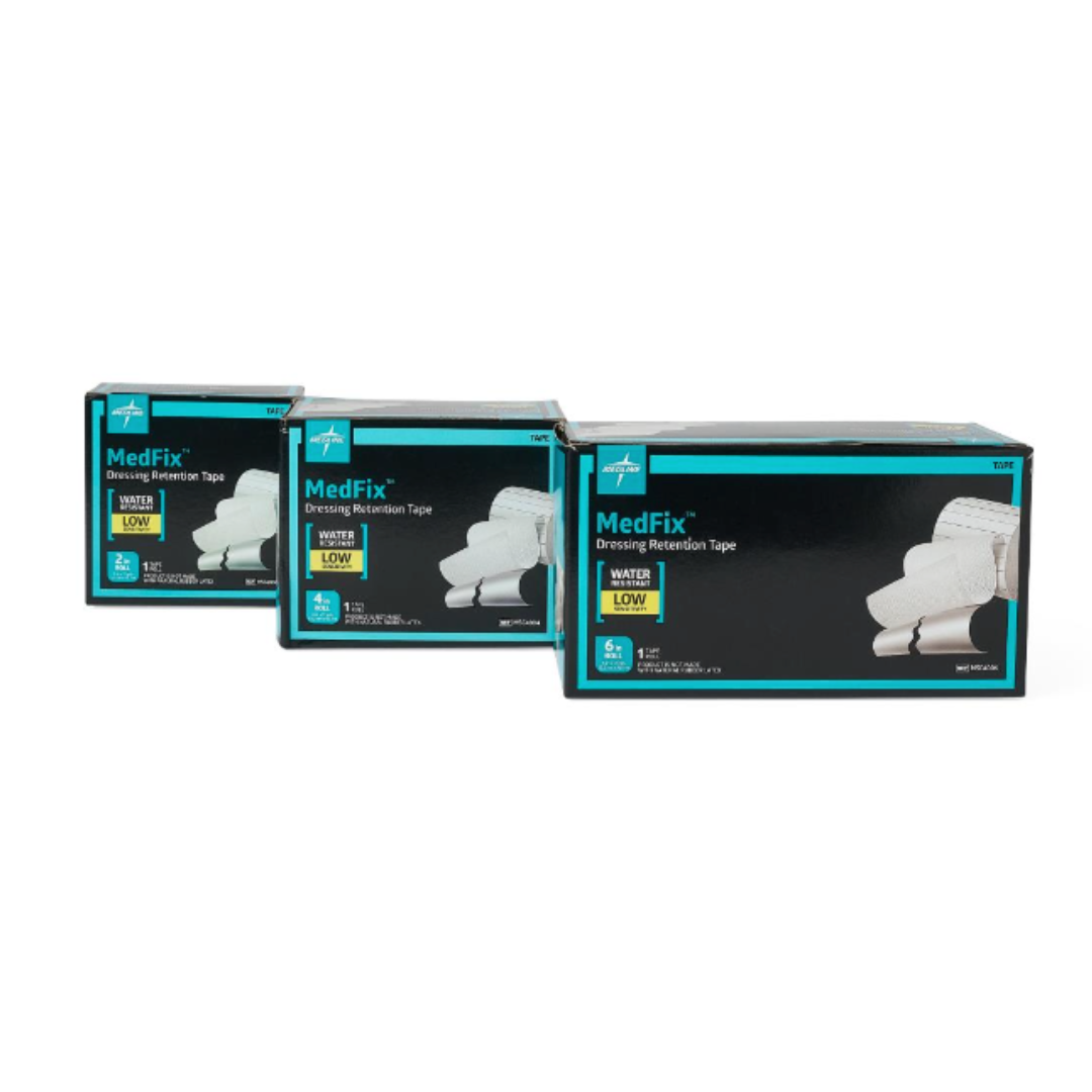 Three boxes of Medline MedFix Dressing Retention Tape are arranged in a row. The black packaging with blue and yellow accents shows images of the white tape rolls and product details on each box.