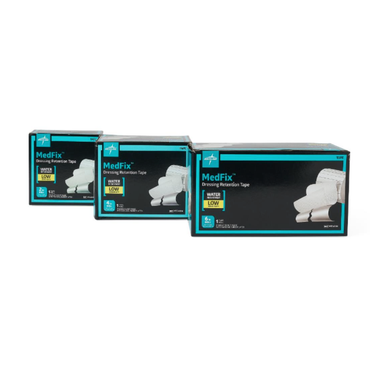 Three boxes of Medline MedFix Dressing Retention Tape are arranged in a row. The black packaging with blue and yellow accents shows images of the white tape rolls and product details on each box.