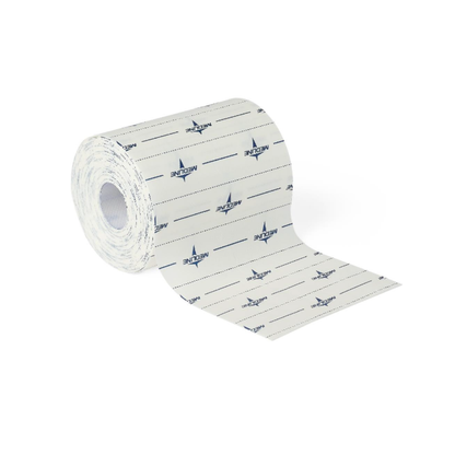 A roll of Medline MedFix Dressing Retention Tape is unspooled, showing blue text and logos next to dotted lines for easy tearing. The medical tape rests on a plain white background.