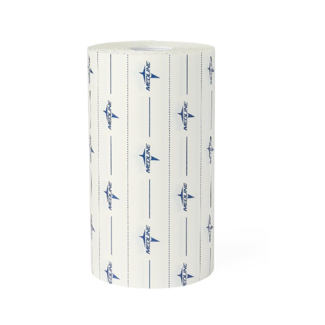 A large roll of Medline MedFix Dressing Retention Tape, white with blue Medline logos and vertical dotted lines, stands upright on a plain white background.