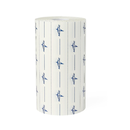 A large roll of Medline MedFix Dressing Retention Tape, white with blue Medline logos and vertical dotted lines, stands upright on a plain white background.