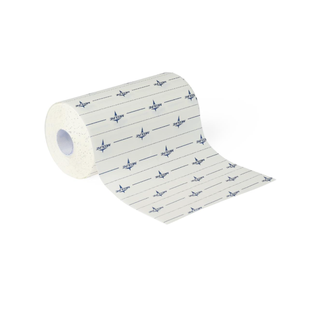 A partially unrolled roll of Medline MedFix Dressing Retention Tape, featuring white material with blue logos and lines, is displayed on a plain white background.