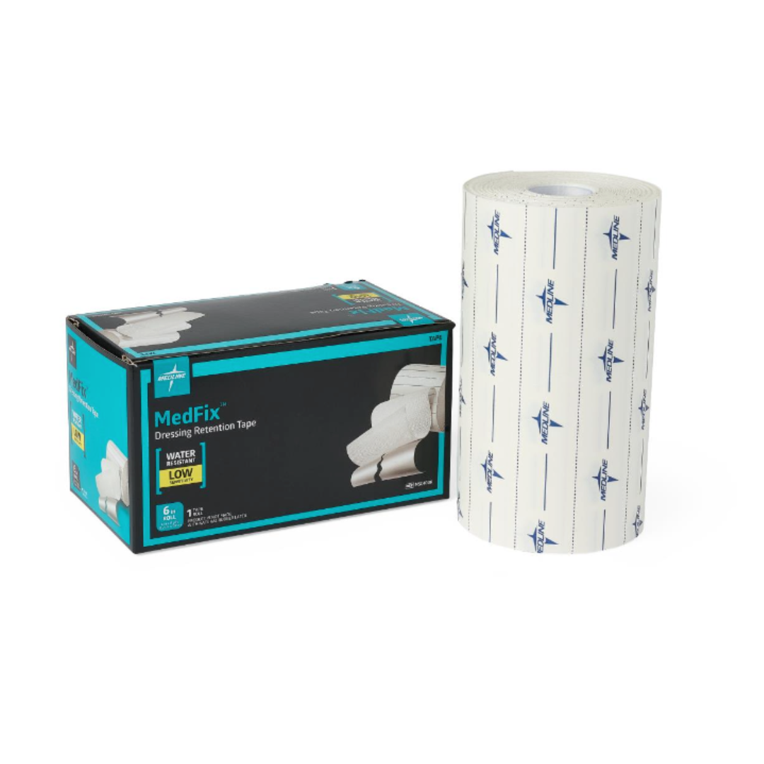 A box and large roll of Medline MedFix Dressing Retention Tape—a reliable dressing retention tape. The black and teal box displays product details and a bandaged arm; the white tape roll features blue MedFix logos.