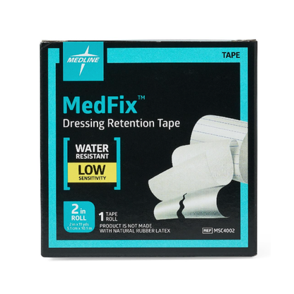 A box of Medline MedFix Dressing Retention Tape, a water-resistant tape for low-sensitivity skin. The box features the white 2" x 10 yd tape being unrolled; one roll per box.