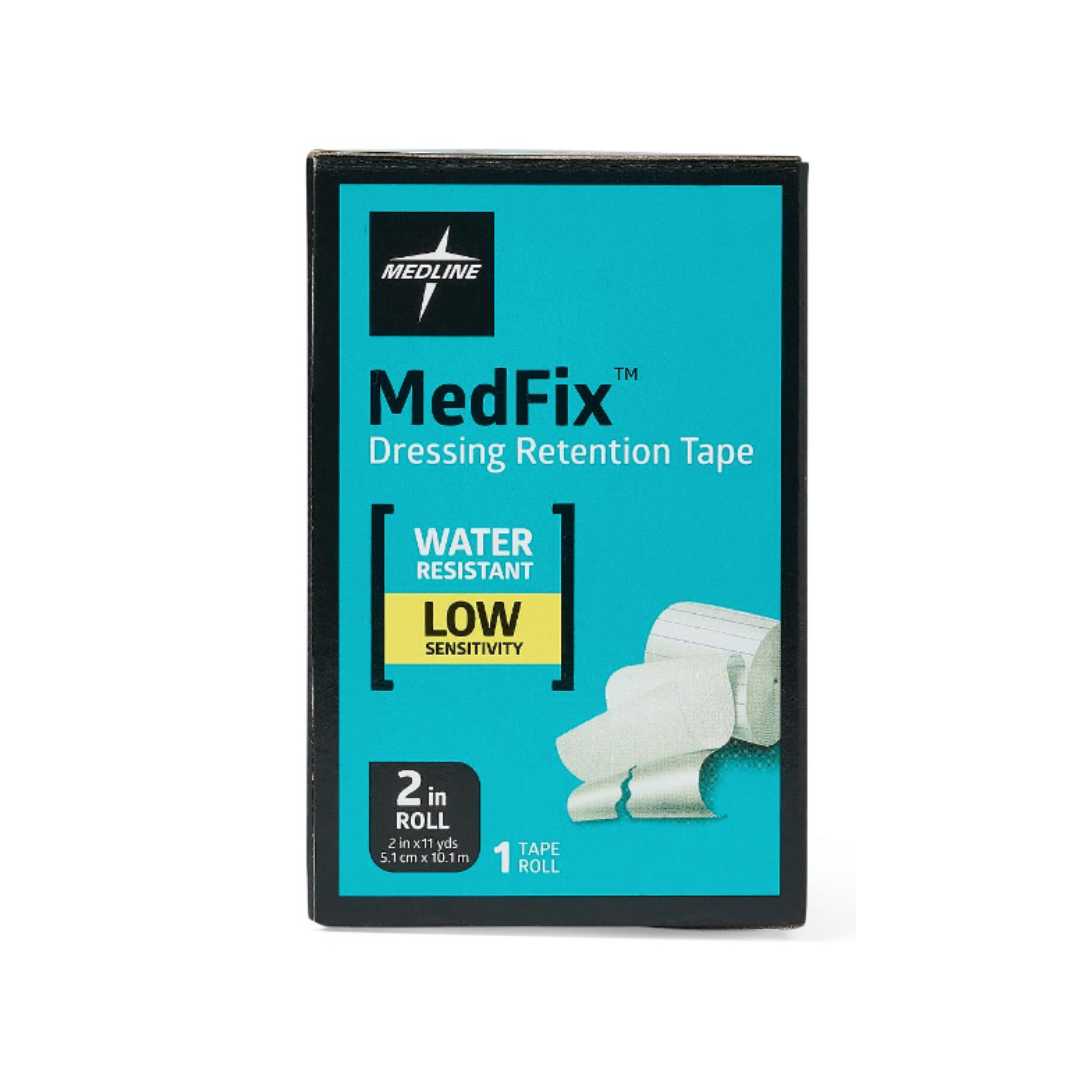 A box of Medline MedFix Dressing Retention Tape, a water-resistant, low-sensitivity tape. Each box has two rolls (2 in x 10 yd) and displays an image of the white tape on the front.