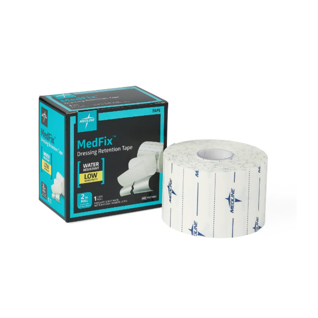 A box and roll of Medline MedFix Dressing Retention Tape: the black and teal box displays product details, while the white tape roll with blue branding is shown in front.