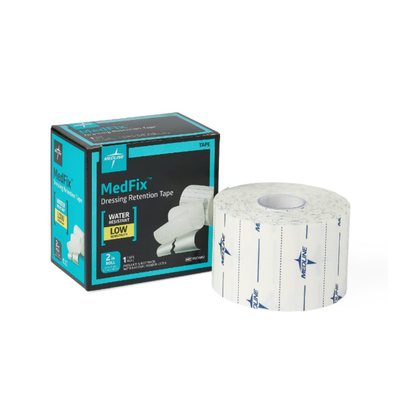 A box and roll of Medline MedFix Dressing Retention Tape: the black and teal box displays product details, while the white tape roll with blue branding is shown in front.