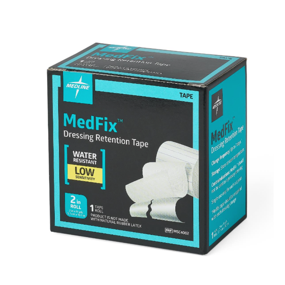A box of Medline MedFix Dressing Retention Tape for low-sensitivity skin contains 2 water-resistant rolls. The black box with blue and white accents displays images of the tape and has clear labeling.