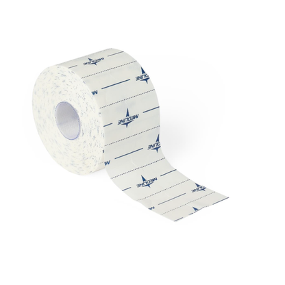 A roll of Medline MedFix Dressing Retention Tape, featuring blue MEFIX branding and dashed lines, is partially unrolled on a white background. Ideal for secure medical tape applications.