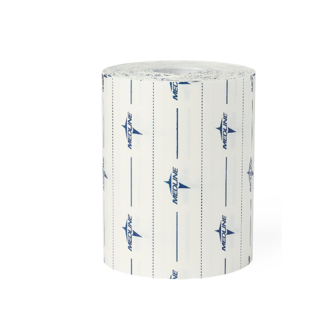 A roll of Medline MedFix Dressing Retention Tape, featuring blue text and logos, stands upright against a white background.