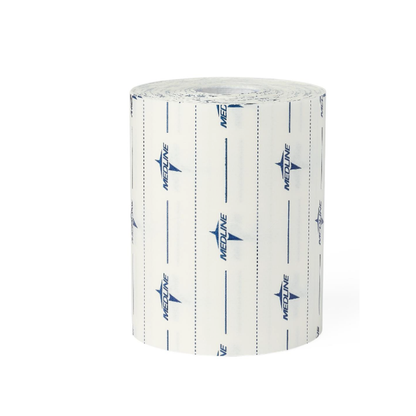 A roll of Medline MedFix Dressing Retention Tape, featuring blue text and logos, stands upright against a white background.