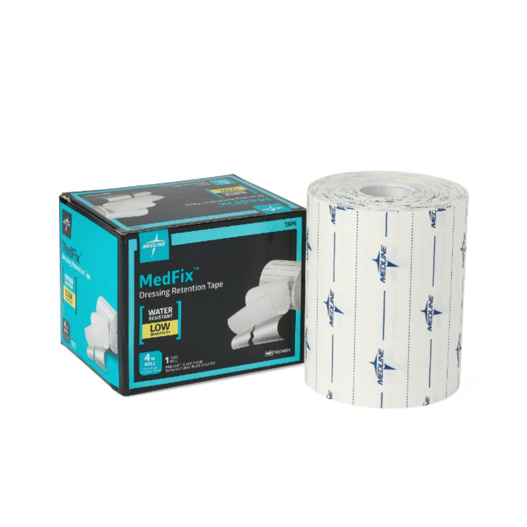 A box of Medline MedFix Dressing Retention Tape sits beside a large white roll with blue branding, highlighting its low sensitivity and water-resistant properties on the packaging.