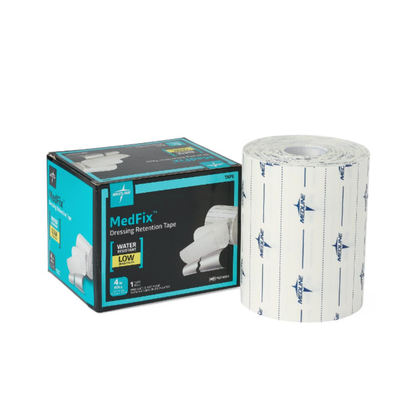 A box of Medline MedFix Dressing Retention Tape sits beside a large white roll with blue branding, highlighting its low sensitivity and water-resistant properties on the packaging.