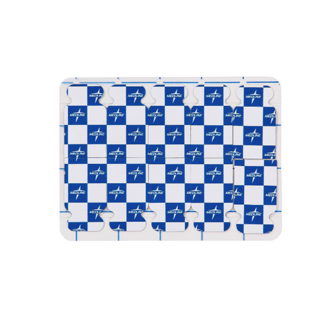 A rectangular jigsaw puzzle with a blue and white checkerboard pattern features each blue square with the MERCK logo in white, resembling the precision of Medline MedGel EKG/ECG Resting Tab Electrodes. The puzzle is complete on a white background.