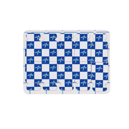 A rectangular jigsaw puzzle with a blue and white checkerboard pattern features each blue square with the MERCK logo in white, resembling the precision of Medline MedGel EKG/ECG Resting Tab Electrodes. The puzzle is complete on a white background.