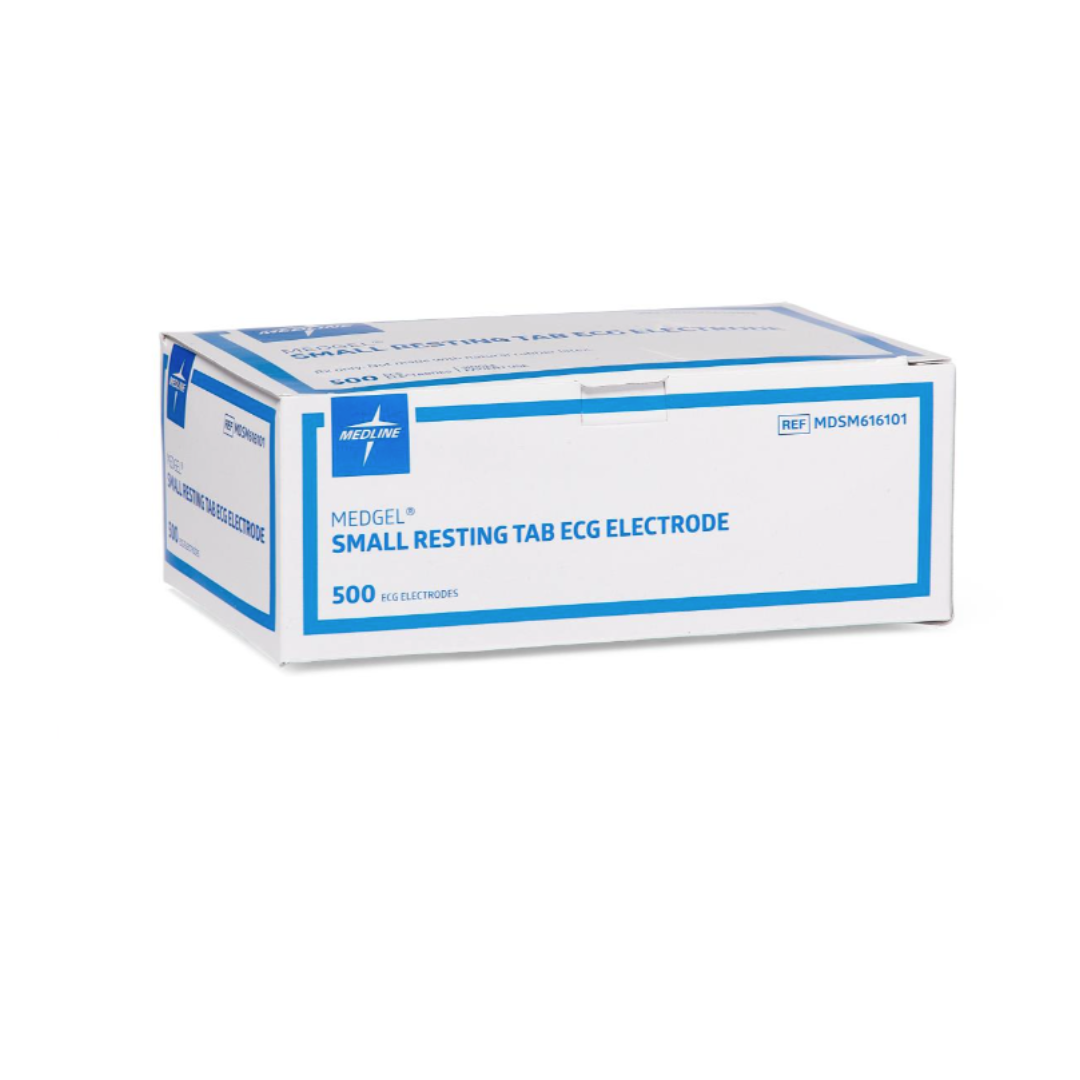 A white and blue box labeled Medline MedGel EKG/ECG Resting Tab Electrodes, containing 500 tab electrodes, is displayed against a plain white background.