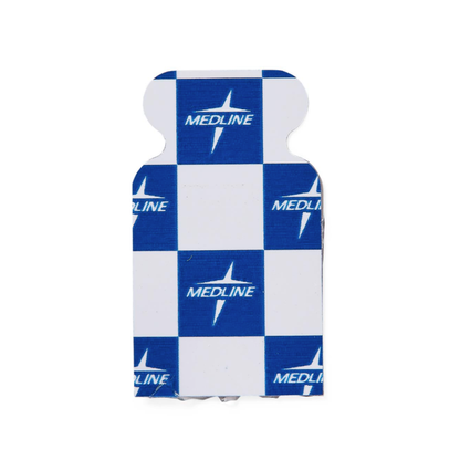 The Medline MedGel EKG/ECG Resting Tab Electrode is a small adhesive patch with a blue and white checkered design featuring the Medline logo, ideal for clinical EKG procedures.