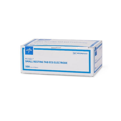 A white and blue box labeled Medline MedGel EKG/ECG Resting Tab Electrodes, containing 500 electrodes for medical use such as electrocardiograms.